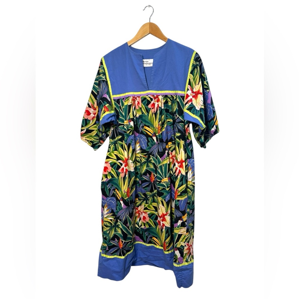 Vintage Krist Gudnason Muumuu Kaftan Short Sleeve Birds Of Paradise Size Large